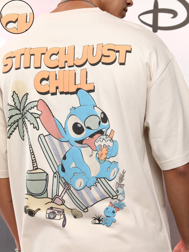Disney By Highlander Men Cream Stitch Printed Round Neck Oversized Fit T-Shirt - Cream - Image 5