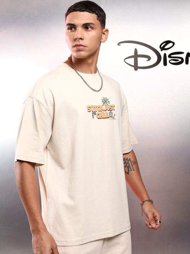 Disney By Highlander Men Cream Stitch Printed Round Neck Oversized Fit T-Shirt - Cream - Image 6