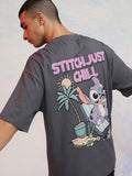 Disney By Highlander Men Grey Stitch Printed Round Neck Oversized Fit T-Shirt - Grey - Image 1