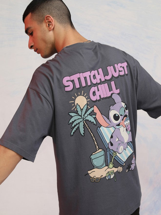 Disney By Highlander Men Grey Stitch Printed Round Neck Oversized Fit T-Shirt - Grey - Image 1