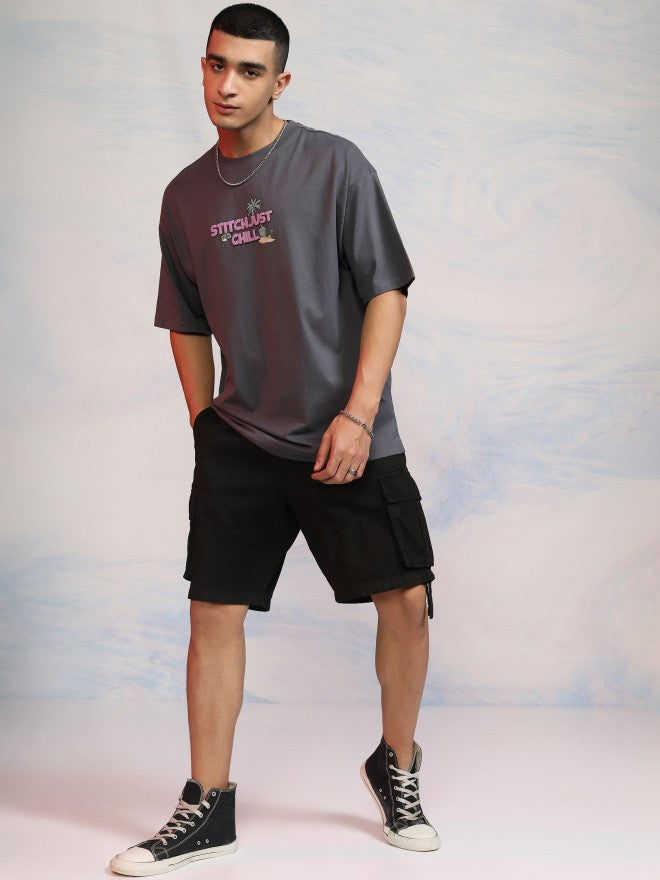 Disney By Highlander Men Grey Stitch Printed Round Neck Oversized Fit T-Shirt - Grey - Image 2