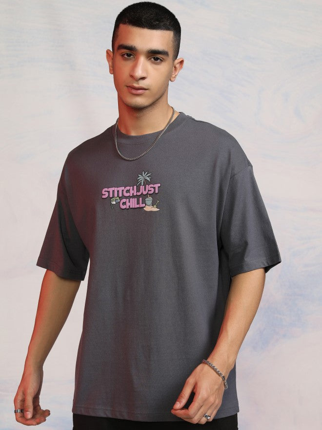 Disney By Highlander Men Grey Stitch Printed Round Neck Oversized Fit T-Shirt - Grey - Image 3