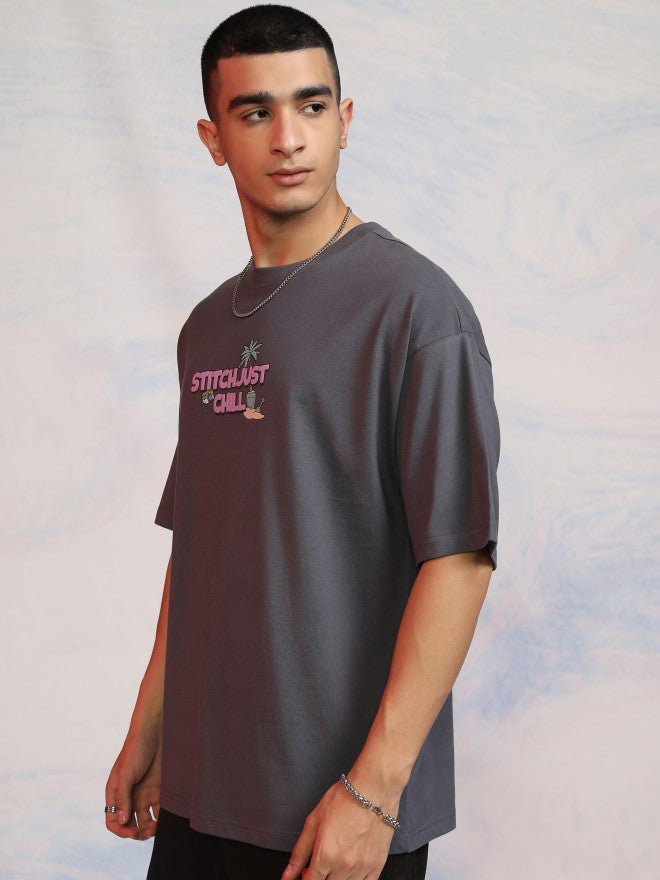 Disney By Highlander Men Grey Stitch Printed Round Neck Oversized Fit T-Shirt - Grey - Image 4