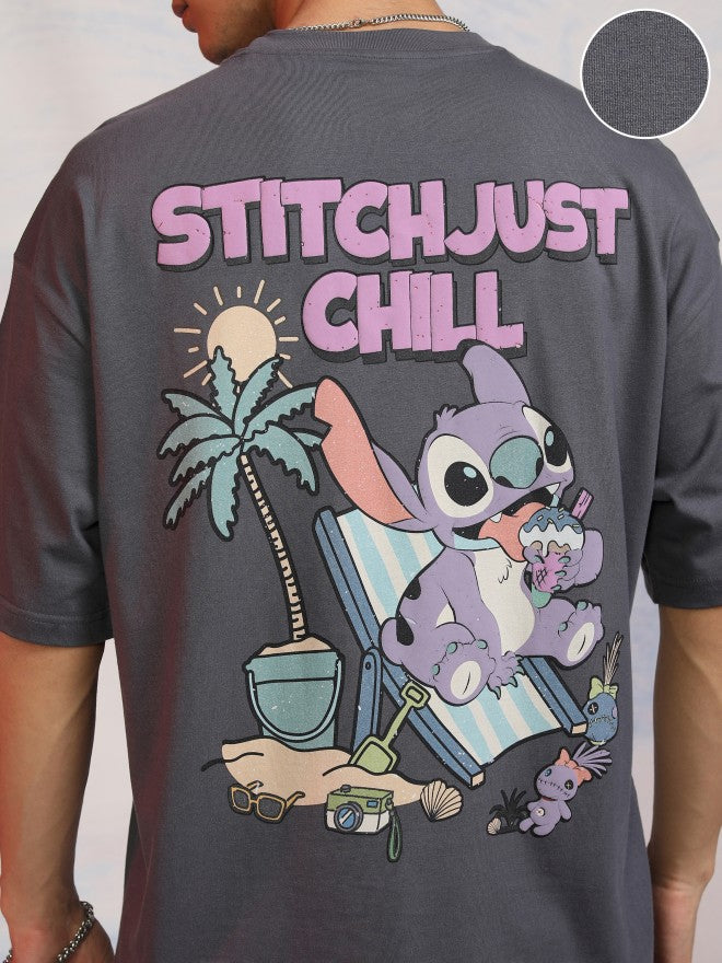 Disney By Highlander Men Grey Stitch Printed Round Neck Oversized Fit T-Shirt - Grey - Image 5