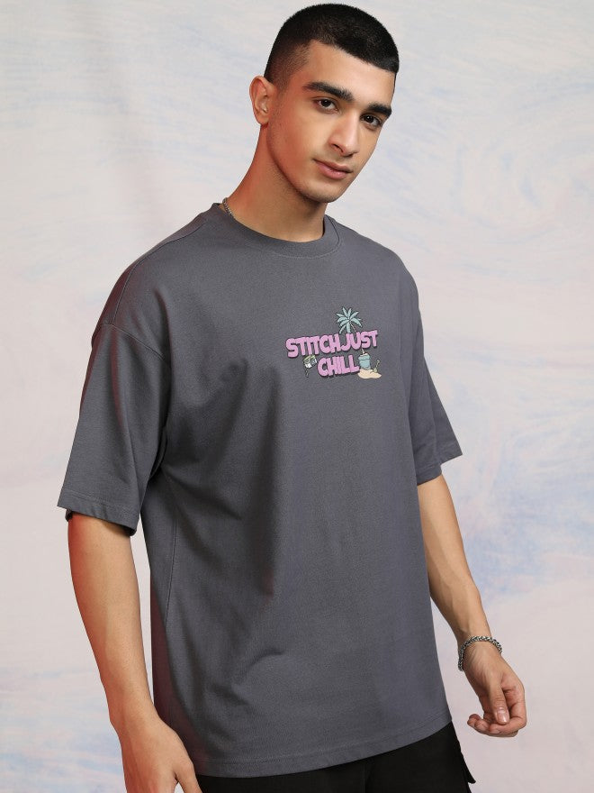 Disney By Highlander Men Grey Stitch Printed Round Neck Oversized Fit T-Shirt - Grey - Image 6