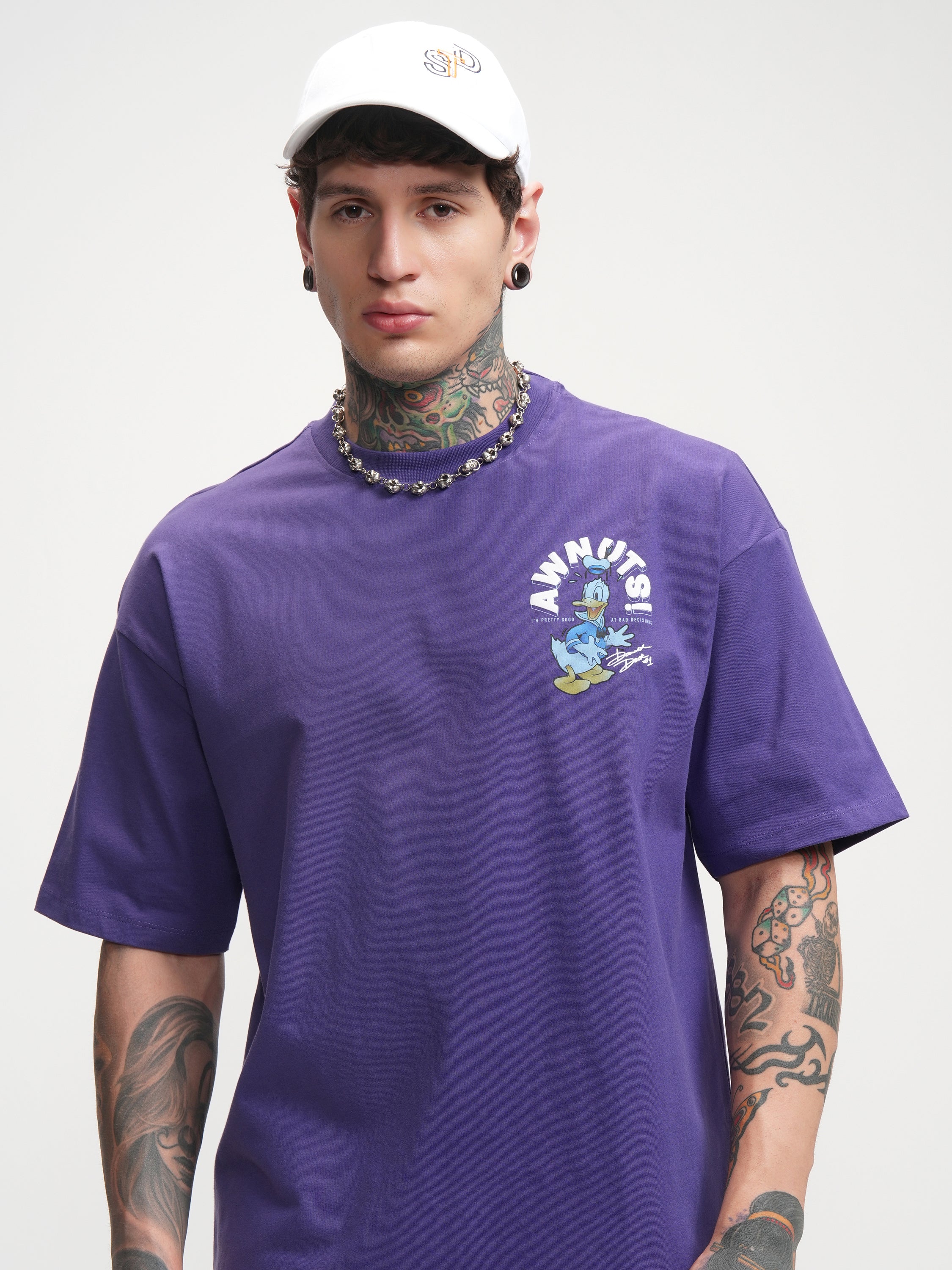 Disney By Highlander Men Purple Donald Duck Printed Round Neck Oversized Fit T-Shirt - Purple - Image 1