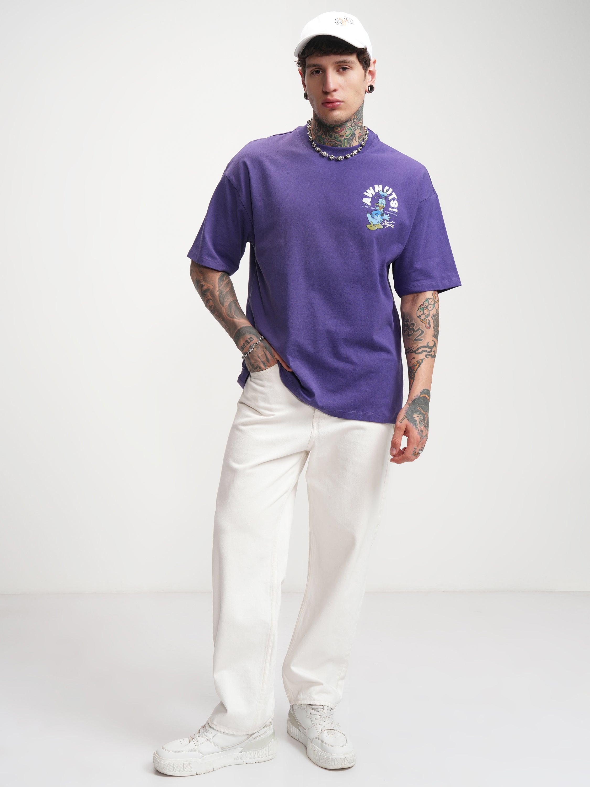 Disney By Highlander Men Purple Donald Duck Printed Round Neck Oversized Fit T-Shirt - Purple - Image 2