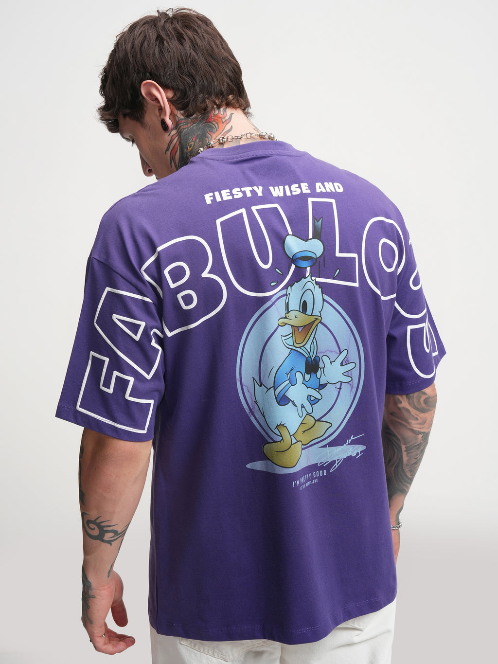 Disney By Highlander Men Purple Donald Duck Printed Round Neck Oversized Fit T-Shirt - Purple - Image 3