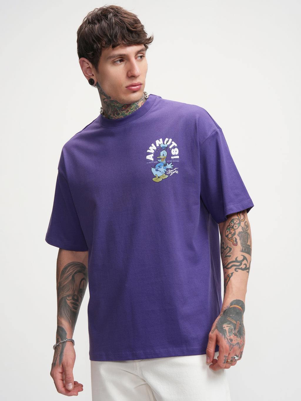 Disney By Highlander Men Purple Donald Duck Printed Round Neck Oversized Fit T-Shirt - Purple - Image 4