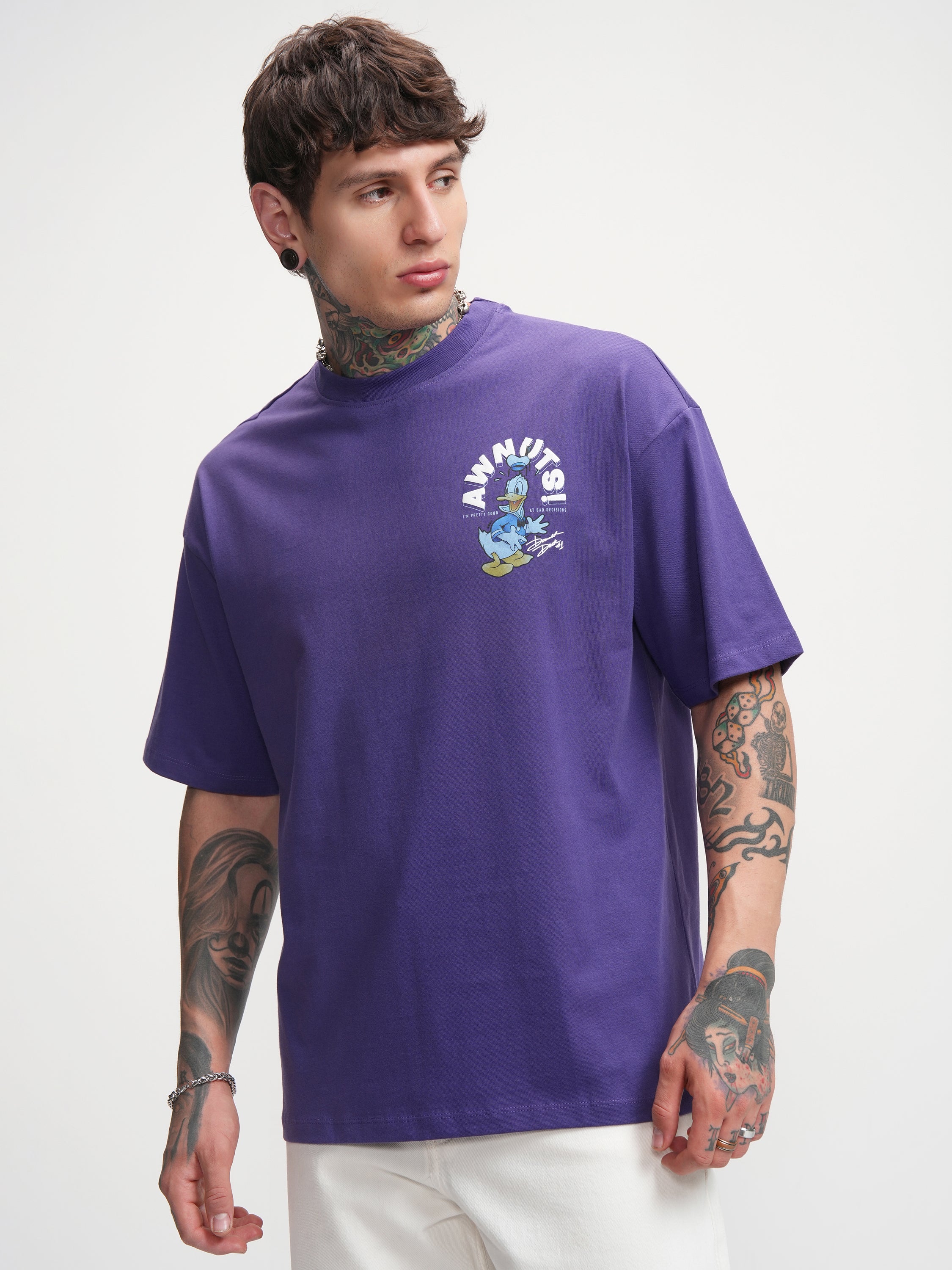 Disney By Highlander Men Purple Donald Duck Printed Round Neck Oversized Fit T-Shirt - Purple - Image 4