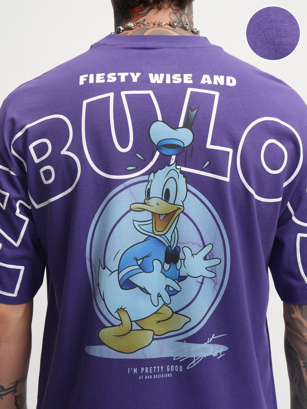 Disney By Highlander Men Purple Donald Duck Printed Round Neck Oversized Fit T-Shirt - Purple - Image 5