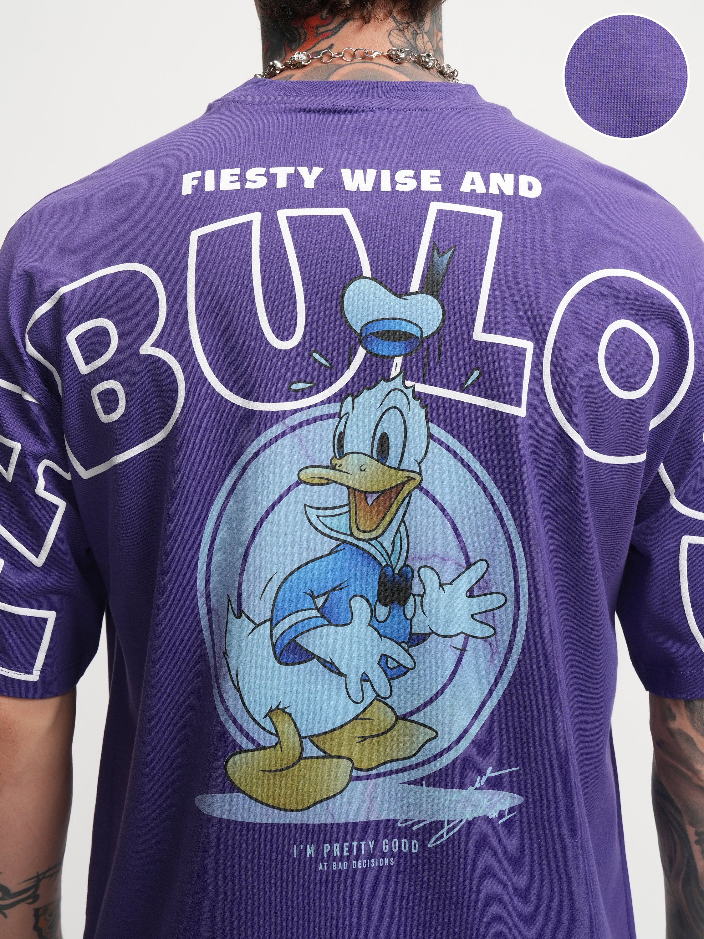 Disney By Highlander Men Purple Donald Duck Printed Round Neck Oversized Fit T-Shirt - Purple - Image 5