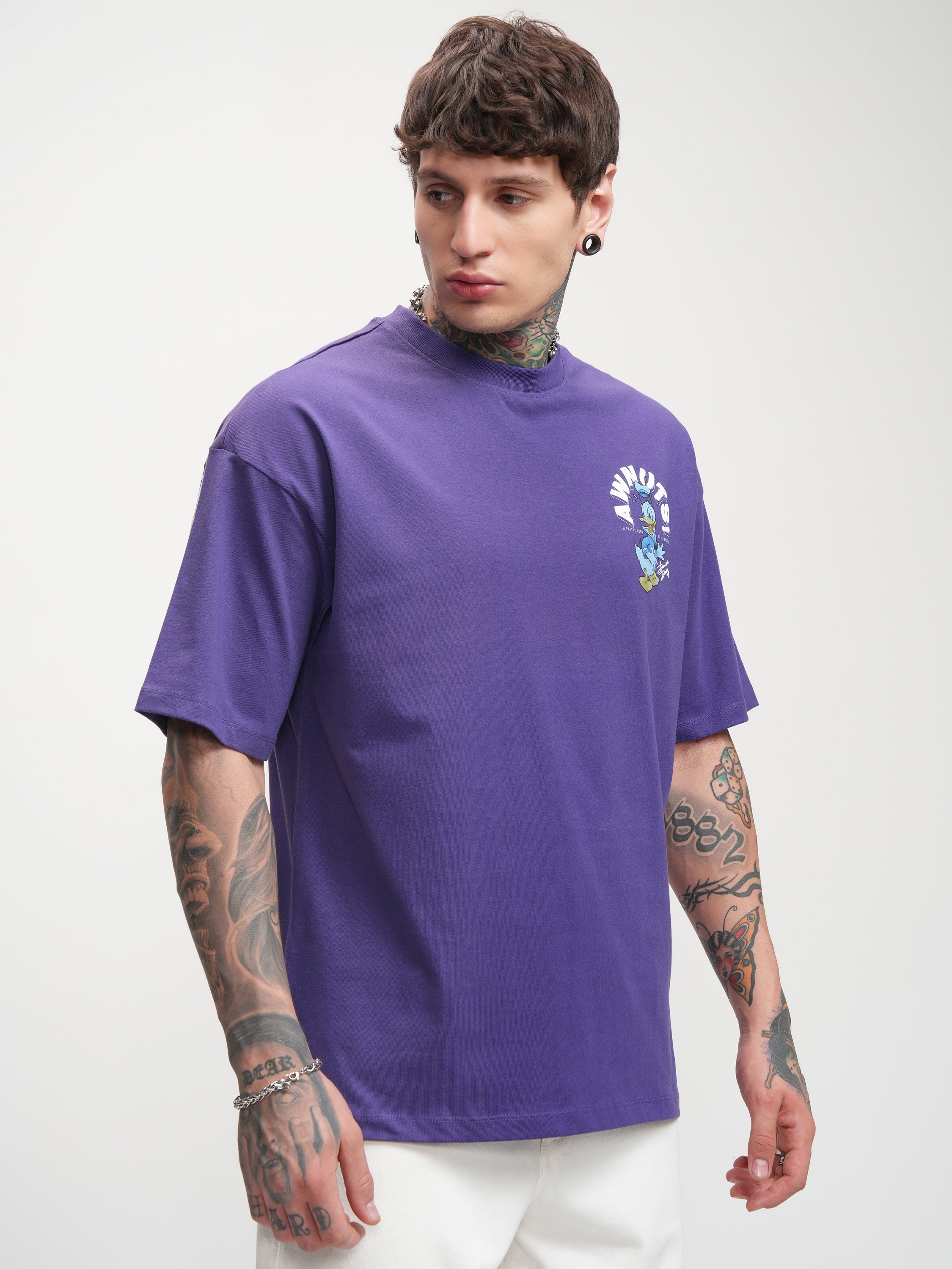 Disney By Highlander Men Purple Donald Duck Printed Round Neck Oversized Fit T-Shirt - Purple - Image 6