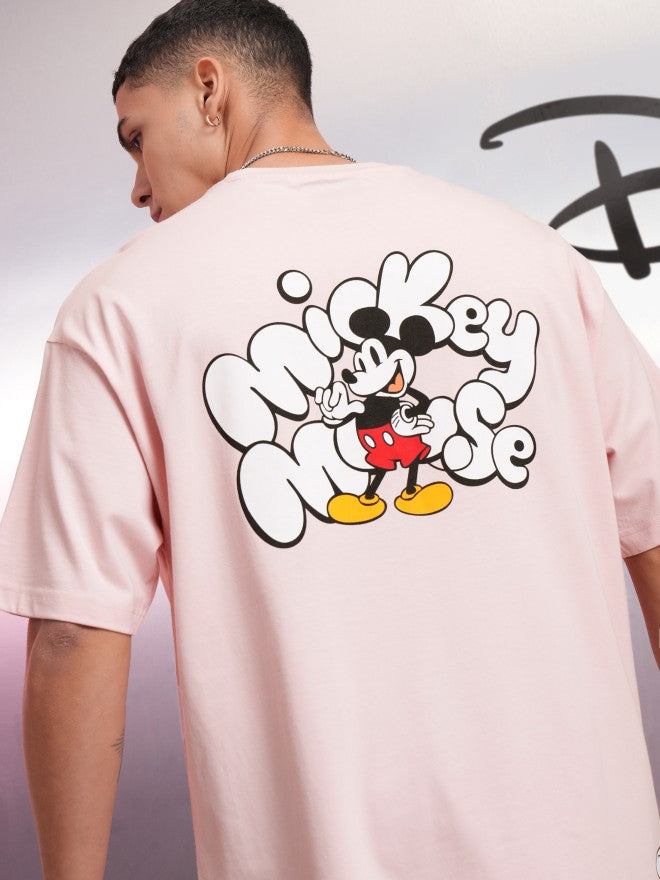 Disney By Highlander Men Pink Mickey Mouse Printed Round Neck Oversized Fit T-Shirt - Pink - Image 1