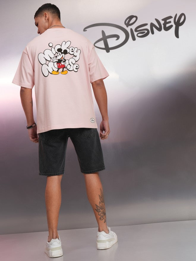 Disney By Highlander Men Pink Mickey Mouse Printed Round Neck Oversized Fit T-Shirt - Pink - Image 2