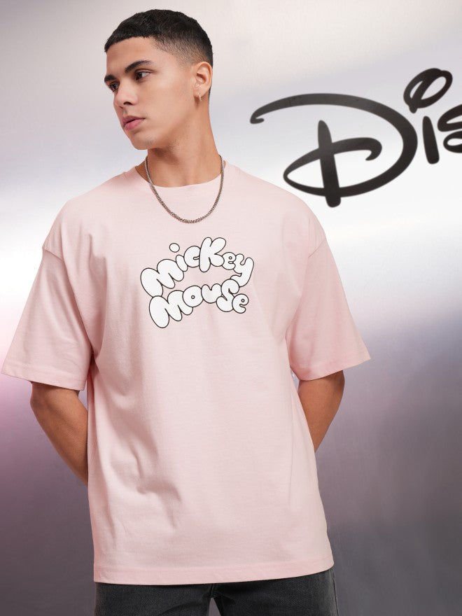Disney By Highlander Men Pink Mickey Mouse Printed Round Neck Oversized Fit T-Shirt - Pink - Image 3