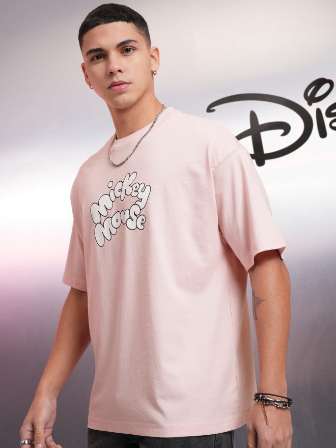 Disney By Highlander Men Pink Mickey Mouse Printed Round Neck Oversized Fit T-Shirt - Pink - Image 4