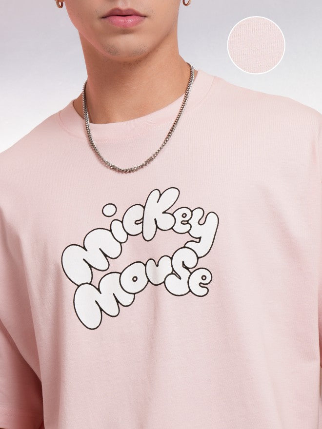 Disney By Highlander Men Pink Mickey Mouse Printed Round Neck Oversized Fit T-Shirt - Pink - Image 5