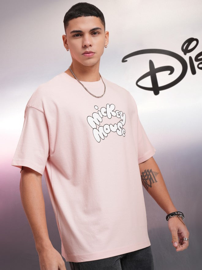 Disney By Highlander Men Pink Mickey Mouse Printed Round Neck Oversized Fit T-Shirt - Pink - Image 6