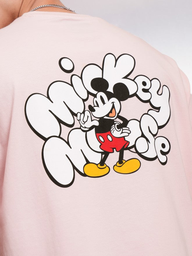 Disney By Highlander Men Pink Mickey Mouse Printed Round Neck Oversized Fit T-Shirt - Pink - Image 7