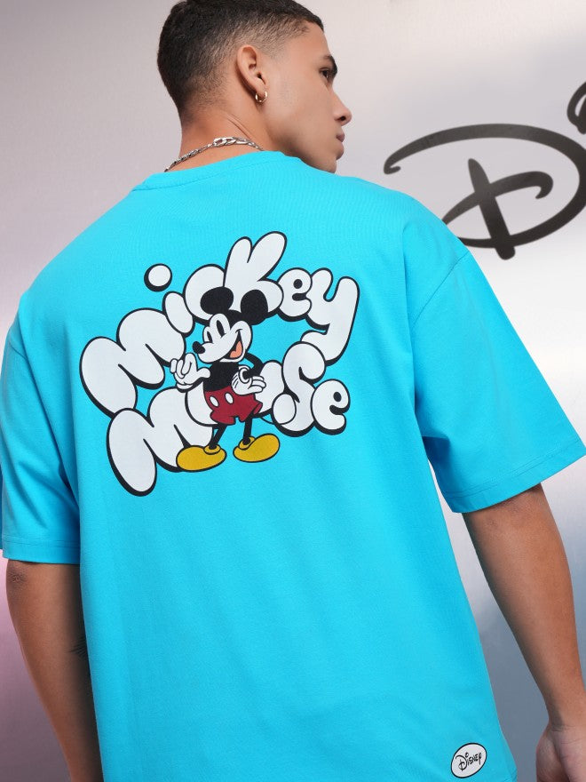 Disney By Highlander Men Turquoise Mickey Mouse Printed Round Neck Oversized Fit T-Shirt - Turquoise - Image 1