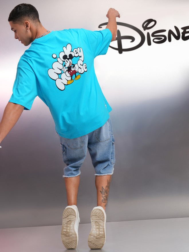 Disney By Highlander Men Turquoise Mickey Mouse Printed Round Neck Oversized Fit T-Shirt - Turquoise - Image 2