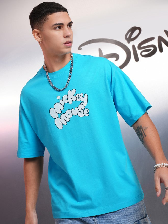 Disney By Highlander Men Turquoise Mickey Mouse Printed Round Neck Oversized Fit T-Shirt - Turquoise - Image 3