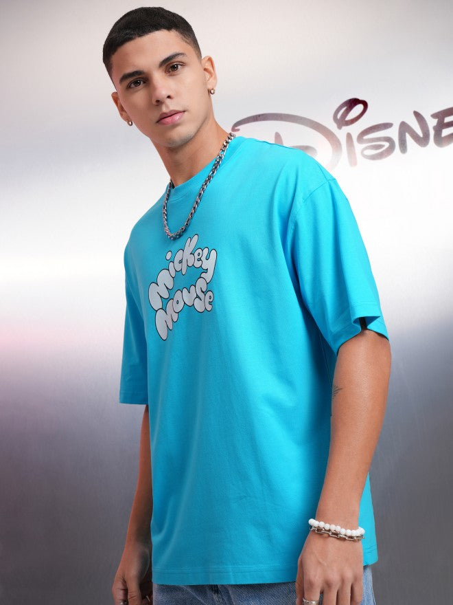 Disney By Highlander Men Turquoise Mickey Mouse Printed Round Neck Oversized Fit T-Shirt - Turquoise - Image 4