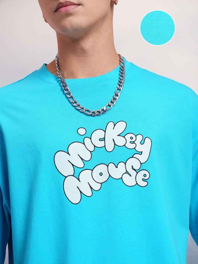 Disney By Highlander Men Turquoise Mickey Mouse Printed Round Neck Oversized Fit T-Shirt - Turquoise - Image 5