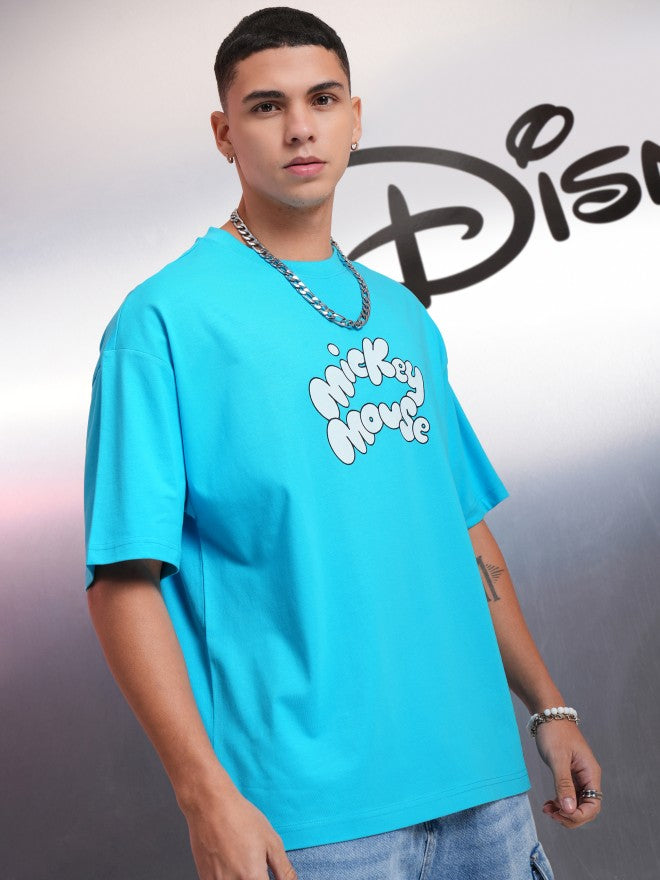 Disney By Highlander Men Turquoise Mickey Mouse Printed Round Neck Oversized Fit T-Shirt - Turquoise - Image 6