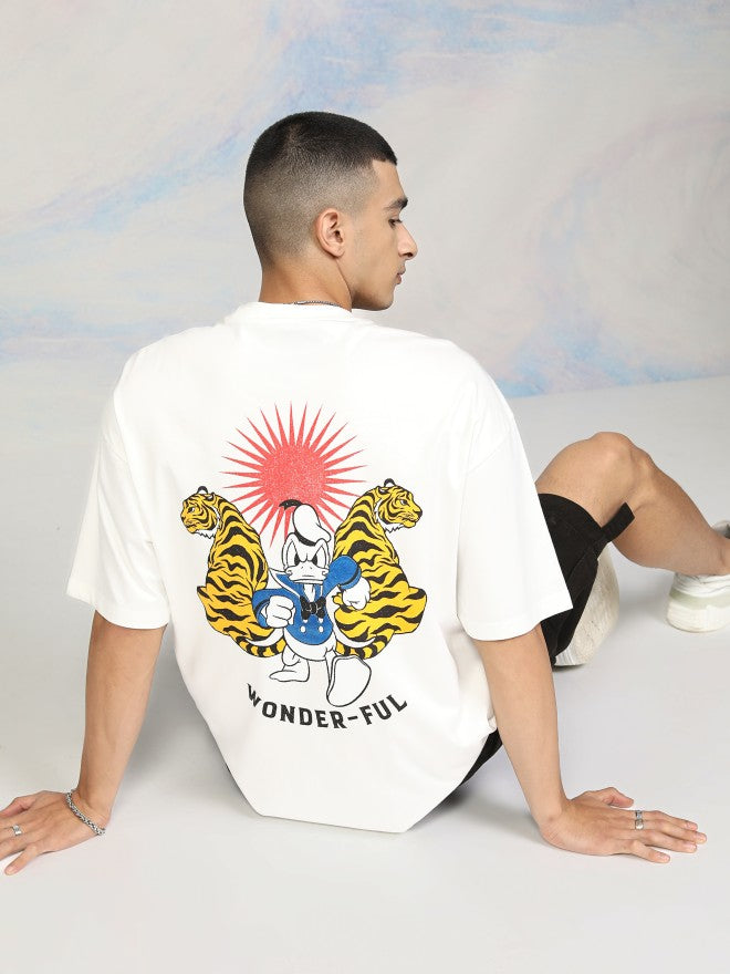 Disney By Highlander Men White Donald Duck Printed Round Neck Oversized Fit T-Shirt - White - Image 2