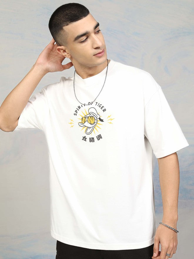 Disney By Highlander Men White Donald Duck Printed Round Neck Oversized Fit T-Shirt - White - Image 3