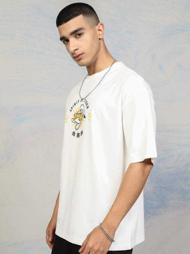 Disney By Highlander Men White Donald Duck Printed Round Neck Oversized Fit T-Shirt - White - Image 4
