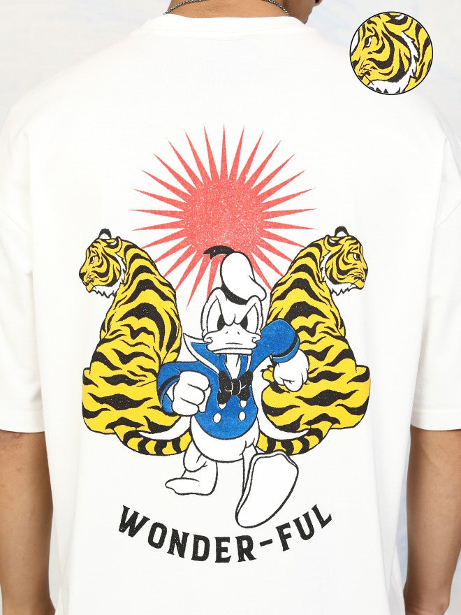 Disney By Highlander Men White Donald Duck Printed Round Neck Oversized Fit T-Shirt - White - Image 5