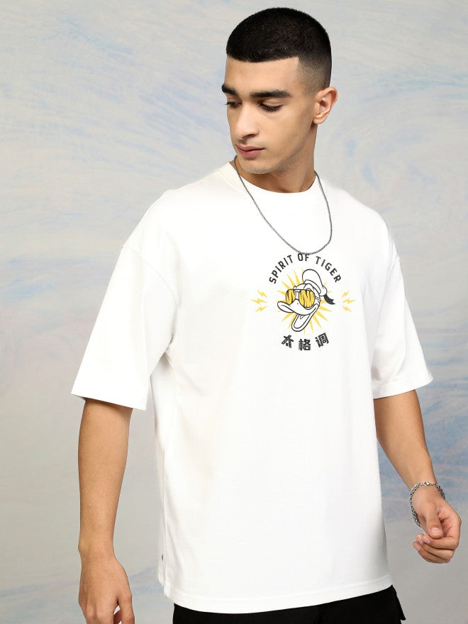 Disney By Highlander Men White Donald Duck Printed Round Neck Oversized Fit T-Shirt - White - Image 6