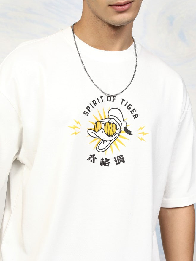 Disney By Highlander Men White Donald Duck Printed Round Neck Oversized Fit T-Shirt - White - Image 7