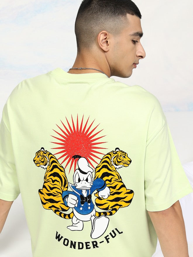 Disney By Highlander Men Lime Green Donald Duck Printed Round Neck Oversized Fit T-Shirt - Lime Green - Image 1