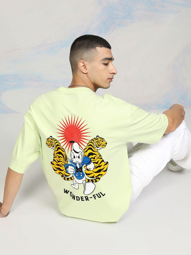 Disney By Highlander Men Lime Green Donald Duck Printed Round Neck Oversized Fit T-Shirt - Lime Green - Image 2