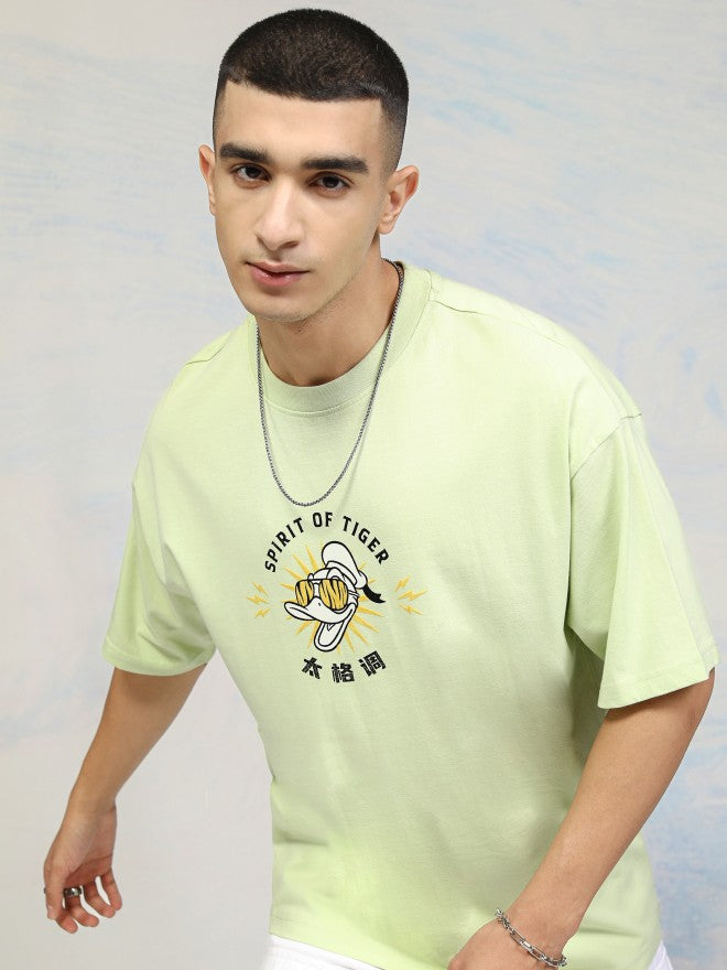 Disney By Highlander Men Lime Green Donald Duck Printed Round Neck Oversized Fit T-Shirt - Lime Green - Image 3