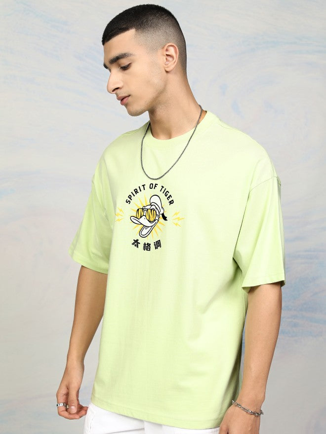 Disney By Highlander Men Lime Green Donald Duck Printed Round Neck Oversized Fit T-Shirt - Lime Green - Image 4