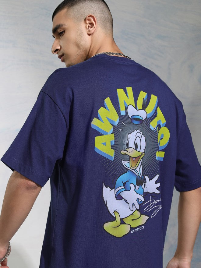 Disney By Highlander Men Navy Blue Donald Duck Printed Round Neck Oversized Fit T-Shirt - Navy Blue - Image 1