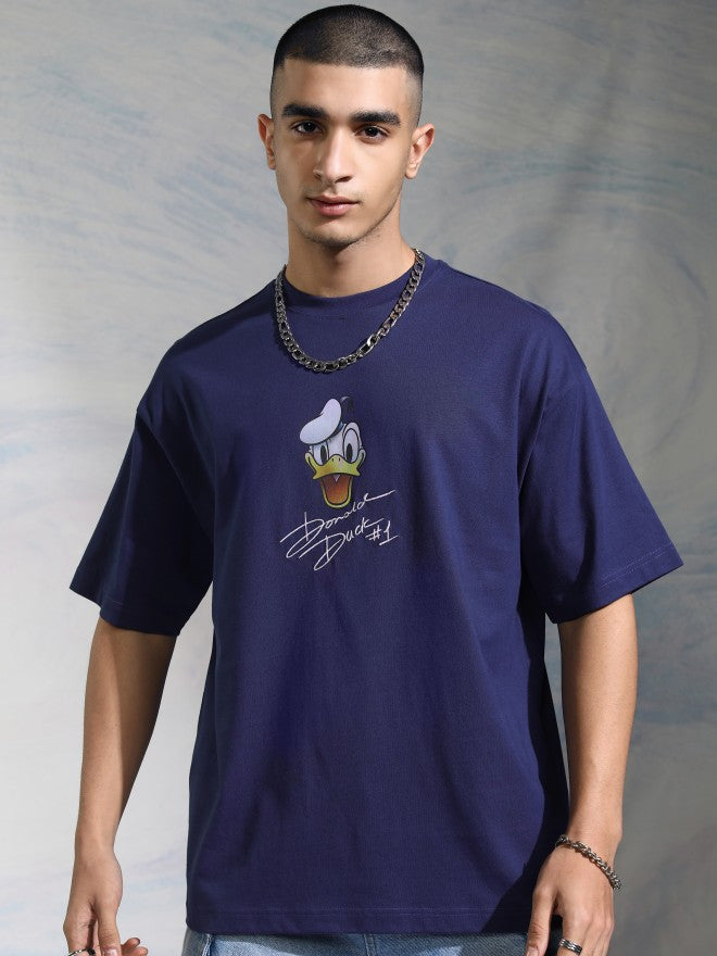 Disney By Highlander Men Navy Blue Donald Duck Printed Round Neck Oversized Fit T-Shirt - Navy Blue - Image 3