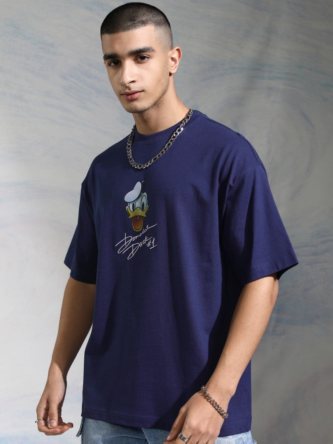 Disney By Highlander Men Navy Blue Donald Duck Printed Round Neck Oversized Fit T-Shirt - Navy Blue - Image 4
