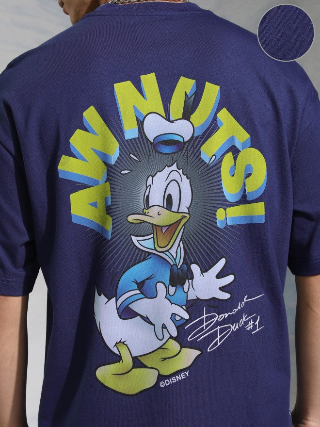 Disney By Highlander Men Navy Blue Donald Duck Printed Round Neck Oversized Fit T-Shirt - Navy Blue - Image 5