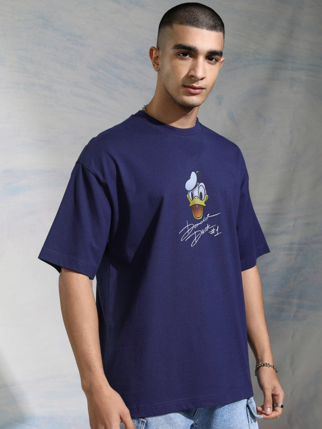 Disney By Highlander Men Navy Blue Donald Duck Printed Round Neck Oversized Fit T-Shirt - Navy Blue - Image 6