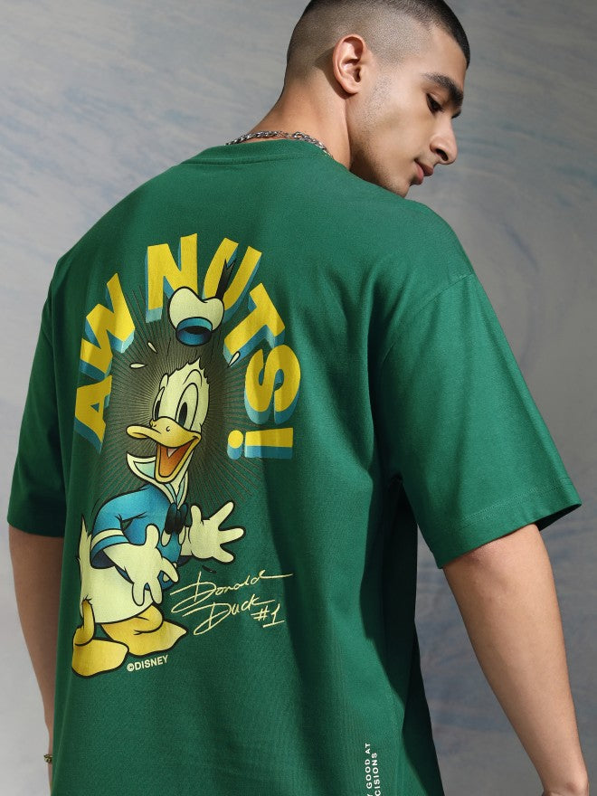 Disney By Highlander Men Green Donald Duck Printed Round Neck Oversized Fit T-Shirt - Green - Image 1
