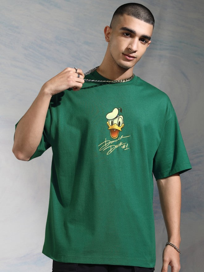Disney By Highlander Men Green Donald Duck Printed Round Neck Oversized Fit T-Shirt - Green - Image 3