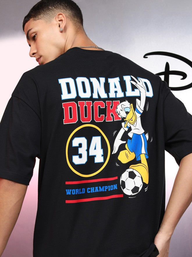 Disney By Highlander Men Black Donald Duck Printed Round Neck Oversized Fit T-Shirt - Black - Image 1