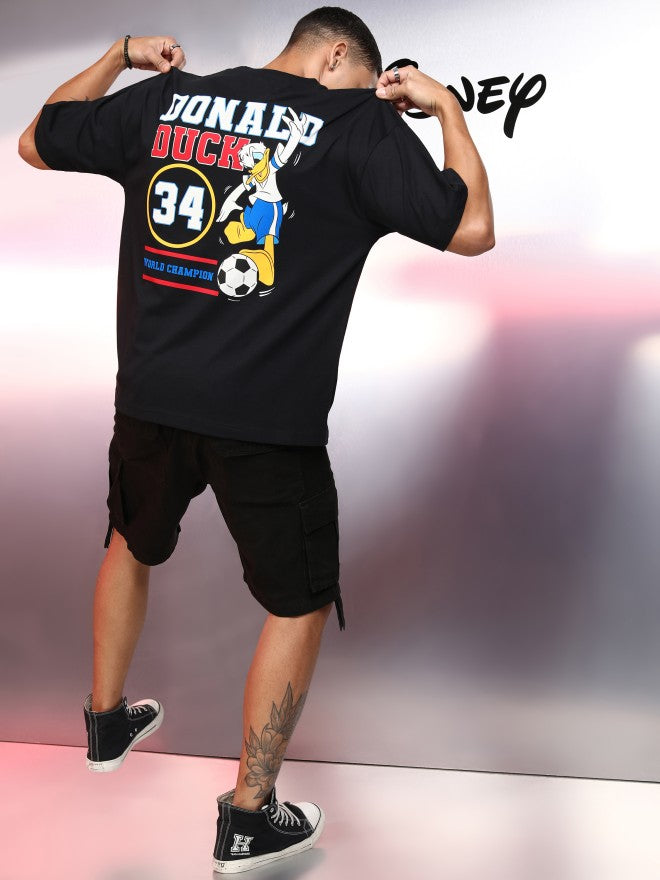 Disney By Highlander Men Black Donald Duck Printed Round Neck Oversized Fit T-Shirt - Black - Image 2