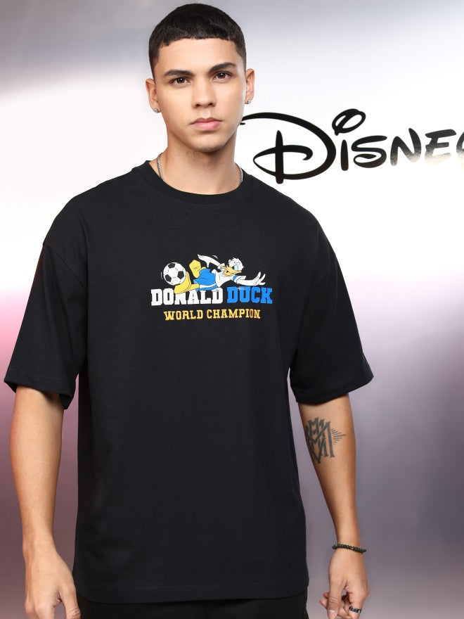 Disney By Highlander Men Black Donald Duck Printed Round Neck Oversized Fit T-Shirt - Black - Image 3